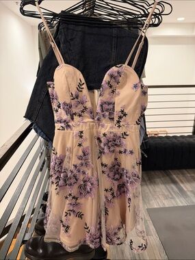 Beige Floral Embroidered Spaghetti Strap Dress